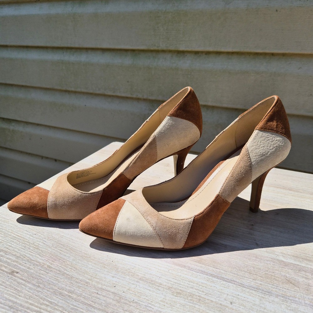 BCBGeneration Suede Colorblock Pointed Toe Pumps Tan Brown Beige Heels 6.5M Boho